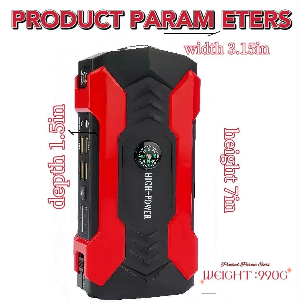 99800Mah Car Jump Starter portable battery power bank with LED flashlight, safety hammer, compass, and fast charging USB ports for emergency car jump start and outdoor use