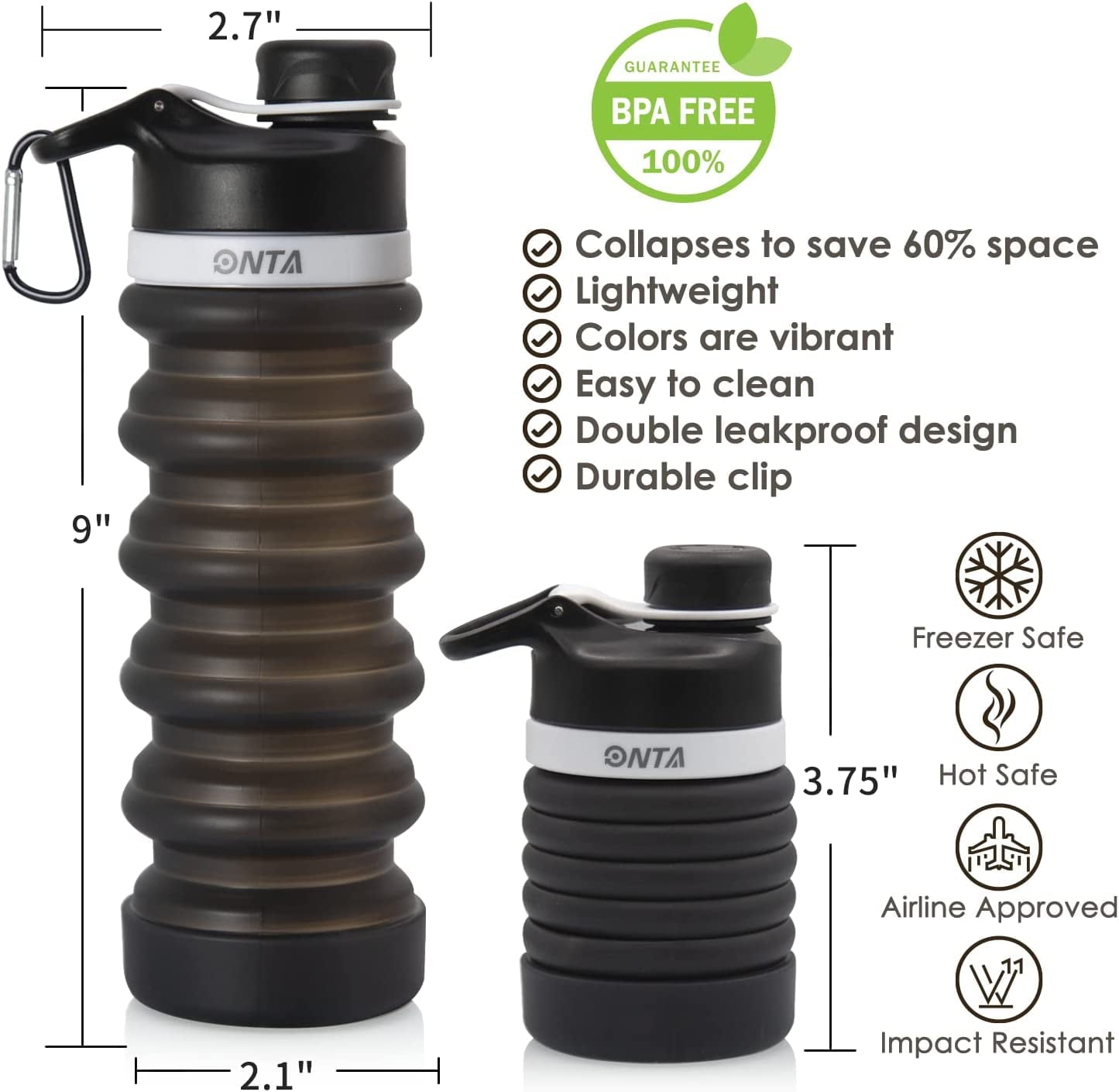 Collapsible Water Bottle- BPA Free Silicone Foldable Water Bottle for Travel,Silicone Portable Leak-Proof Travel Water Bottle 20Oz, Black