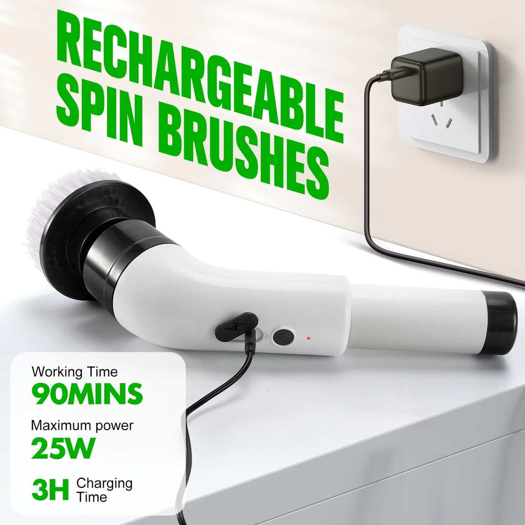 Electric Spin Scrubber cordless with 9 brush heads cleaning bathroom, shower, and tiles