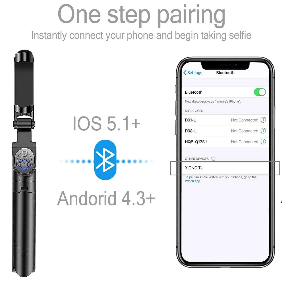 Extendable selfie stick tripod with Bluetooth remote shutter and 360° rotation for phone photography