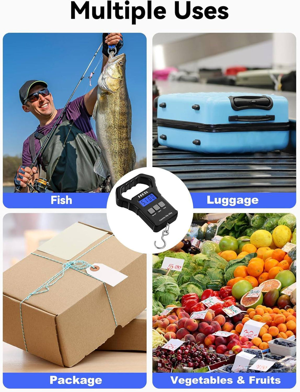 Fish Scale, 110Lb/50Kg Digital Portable Hanging Fishing Weight Scale with Backli