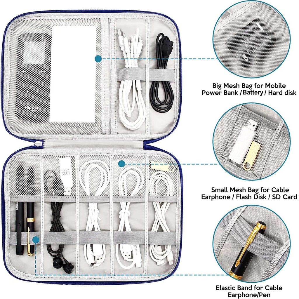 Gray waterproof travel cord organizer bag with multiple compartments and elastic loops for cables and gadgets