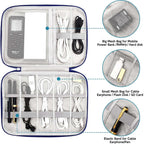 Gray waterproof travel cord organizer bag with multiple compartments and elastic loops for cables and gadgets