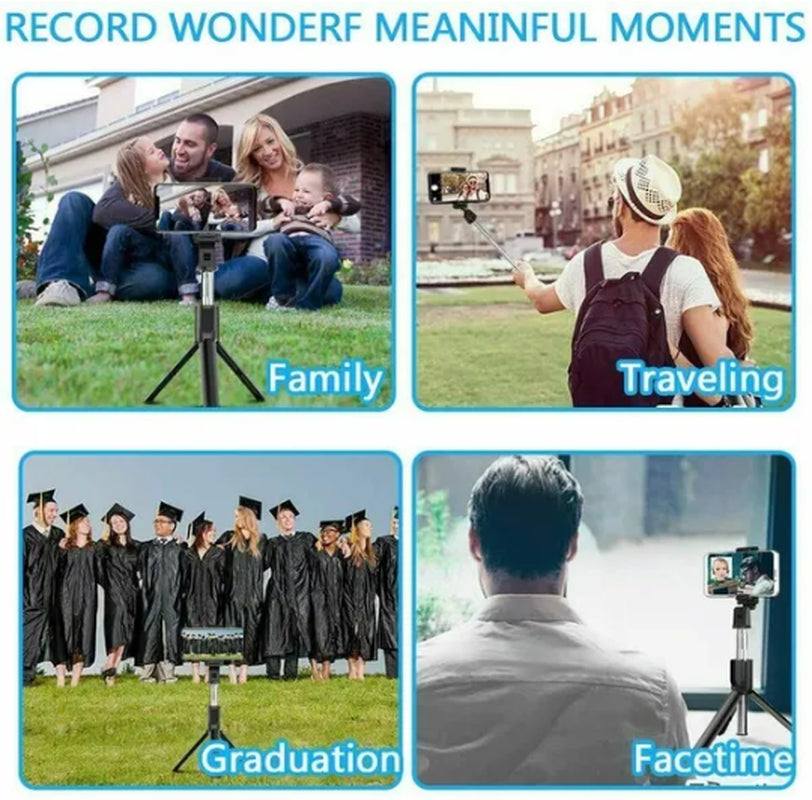 Selfie stick tripod with Bluetooth remote and adjustable phone holder for iPhone and Samsung phones