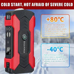 99800Mah Car Jump Starter with LED flashlight, 4 USB ports, compass, safety hammer, and emergency power bank functions