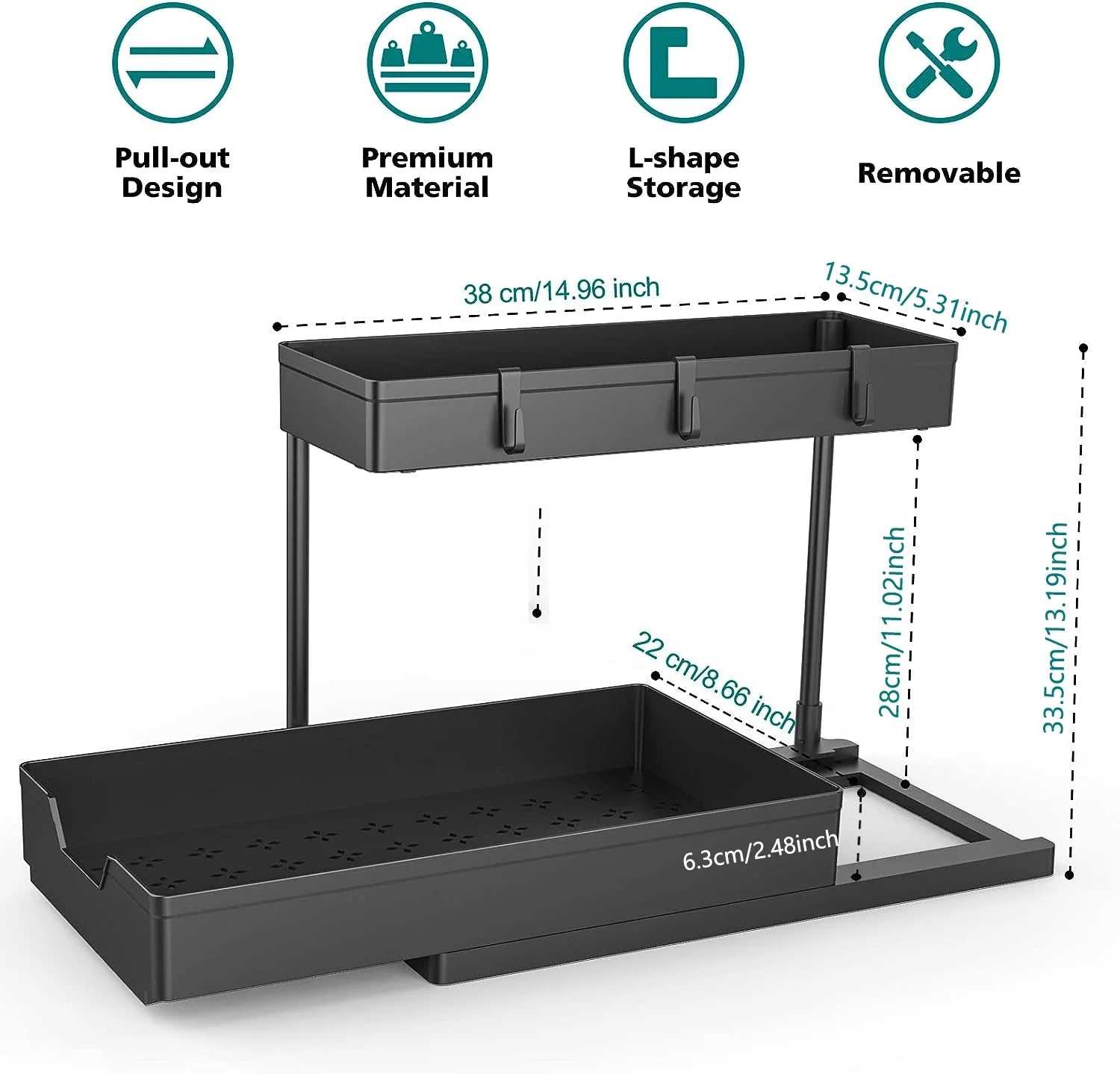 1-Pack under Sink Organizer Storage, 2 Tier L-Shape Multi-Purpose Large Capacity Kitchen under Sink Organizers for Narrow Space Easy Access Sliding Storage Drawer with Hooks for Bathroom