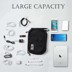 Gray waterproof travel cord organizer bag with multiple compartments and elastic loops for cables and gadgets