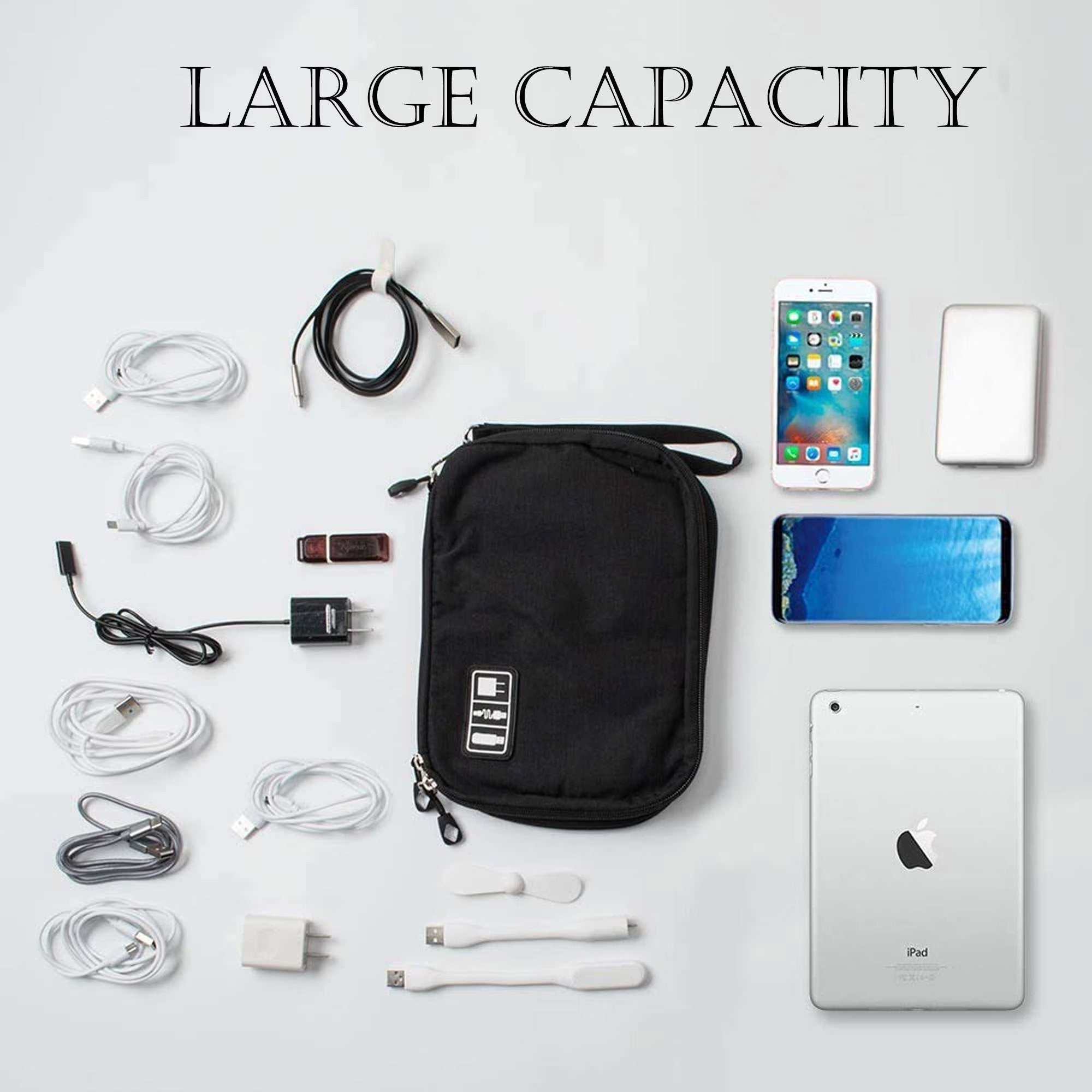 Gray waterproof travel cord organizer bag with multiple compartments and elastic loops for cables and gadgets