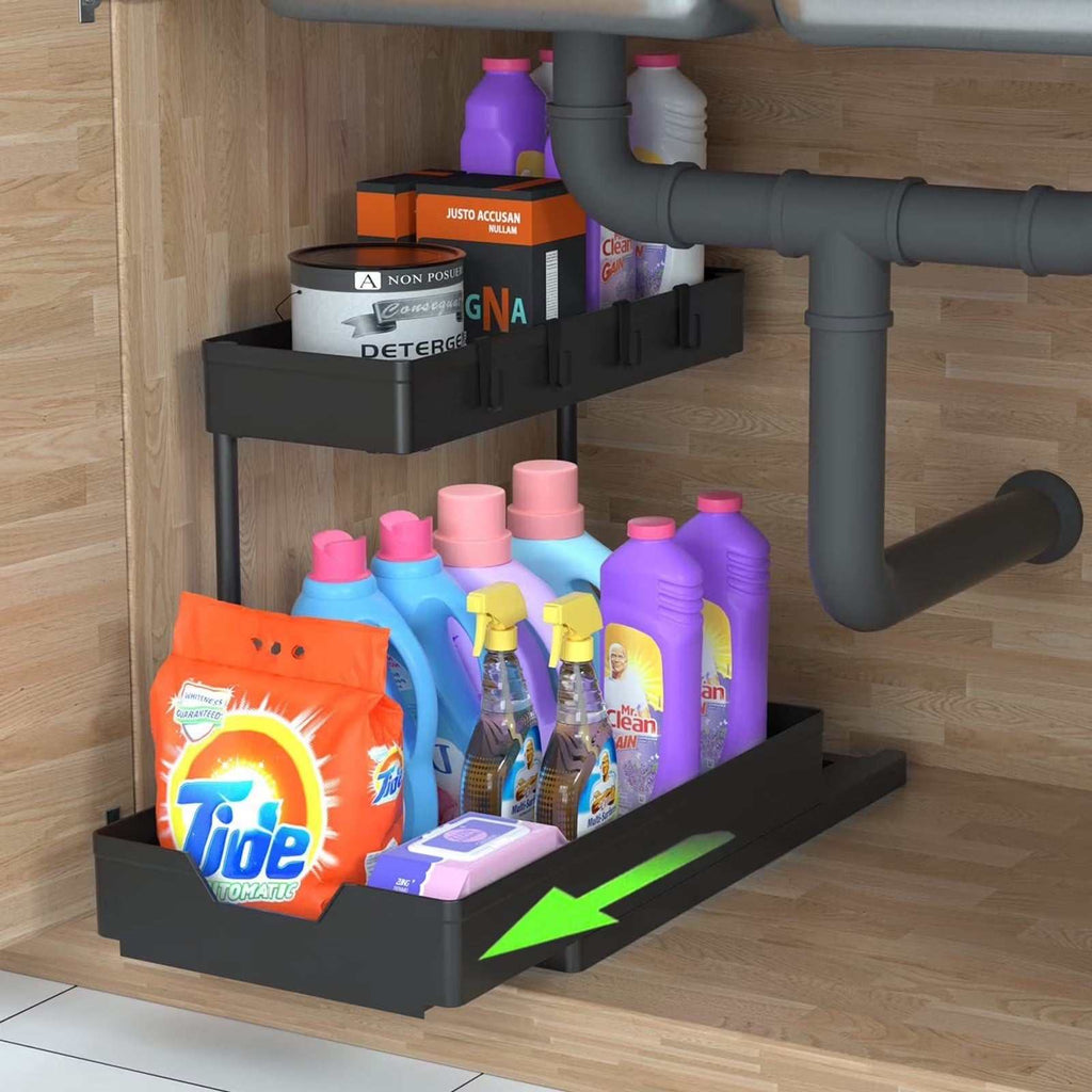 1-Pack under Sink Organizer Storage, 2 Tier L-Shape Multi-Purpose Large Capacity Kitchen under Sink Organizers for Narrow Space Easy Access Sliding Storage Drawer with Hooks for Bathroom