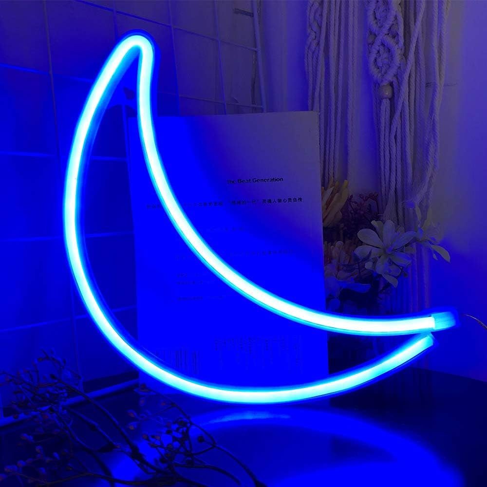 Blue moon neon sign glowing on wall, USB and battery powered neon light for bedroom and parties