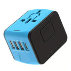 Blue universal travel adapter with Type-C and multiple USB ports for international use across 150+ countries.