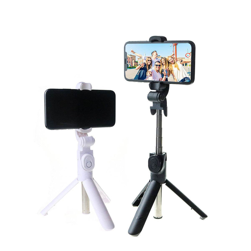 Black extendable selfie stick tripod with Bluetooth remote shutter for phone, 360-degree rotation and adjustable length up to 24 inches.