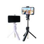 Black extendable selfie stick tripod with Bluetooth remote shutter for phone, 360-degree rotation and adjustable length up to 24 inches.