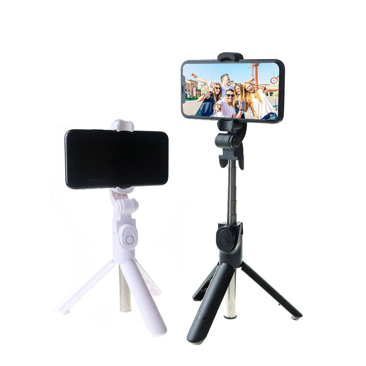 Black extendable selfie stick tripod with Bluetooth remote shutter for phone, 360-degree rotation and adjustable length up to 24 inches.