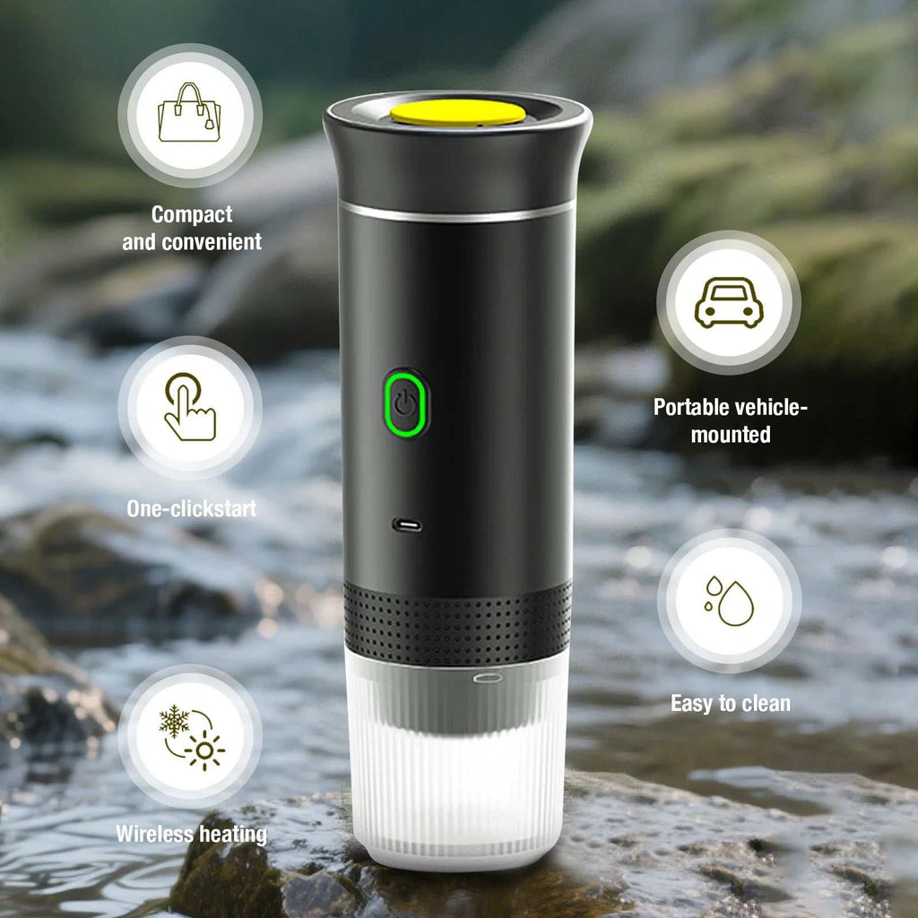 Compact 3-in-1 portable coffee maker with USB-C, LED display, and 20-bar pressure for travel and outdoor use