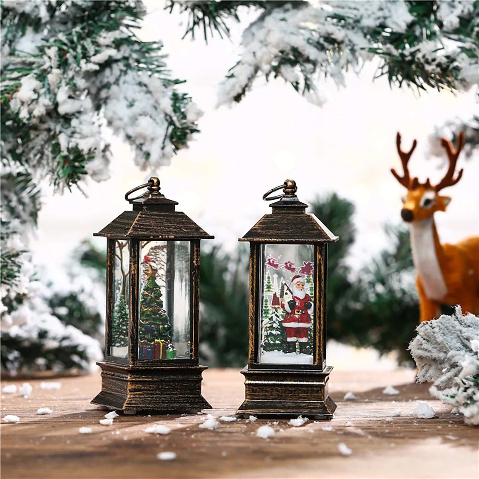 Festive Lighted Christmas Lantern with LED Lights, Lit Winter Scene with Santa Claus with Xmas List, Tree and Snow, Best Rustic Holiday Lanterns Decor for Cabin, Fireplace