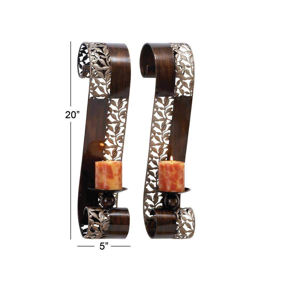 Brown Metal Leaf Wall Sconce with Scroll Designs (2- Pack)