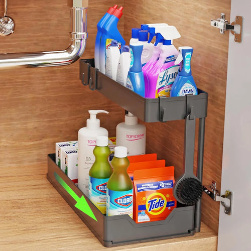 1-Pack under Sink Organizer Storage, 2 Tier L-Shape Multi-Purpose Large Capacity Kitchen under Sink Organizers for Narrow Space Easy Access Sliding Storage Drawer with Hooks for Bathroom