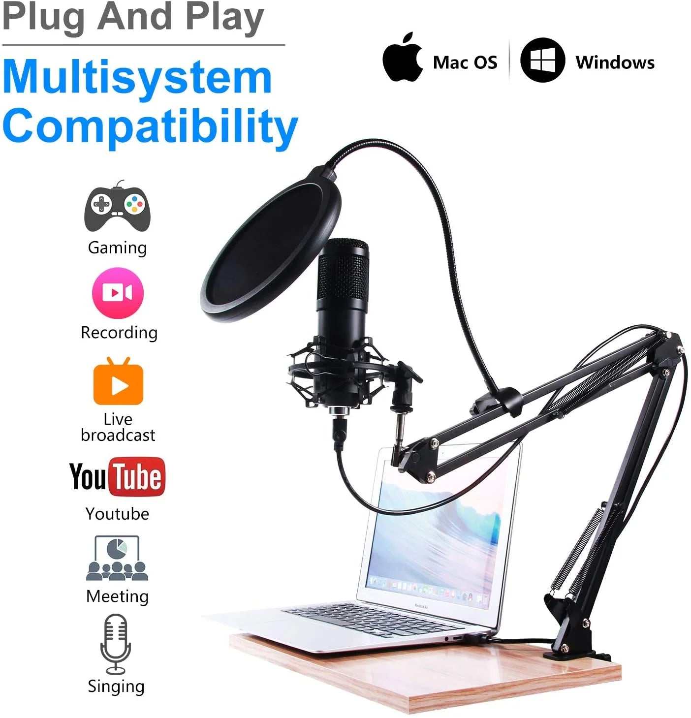 USB Podcast Microphone Kit, Professional 192Khz/24Bit Condenser Mic with Scissor Arm, Shock Mount, Pop Filter for PC Recording, Youtube, Streaming