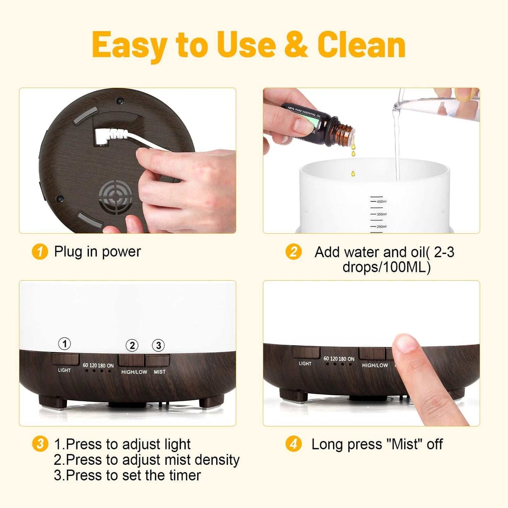 500Ml Essential Oil Diffuser with 6*10Ml Essential Oils Set, Black Woodgrain Aroma Air Humidifier with Remote Control for Bedroom Home Office, Waterless Auto Shut-Off