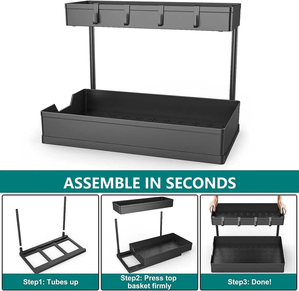 1-Pack under Sink Organizer Storage, 2 Tier L-Shape Multi-Purpose Large Capacity Kitchen under Sink Organizers for Narrow Space Easy Access Sliding Storage Drawer with Hooks for Bathroom