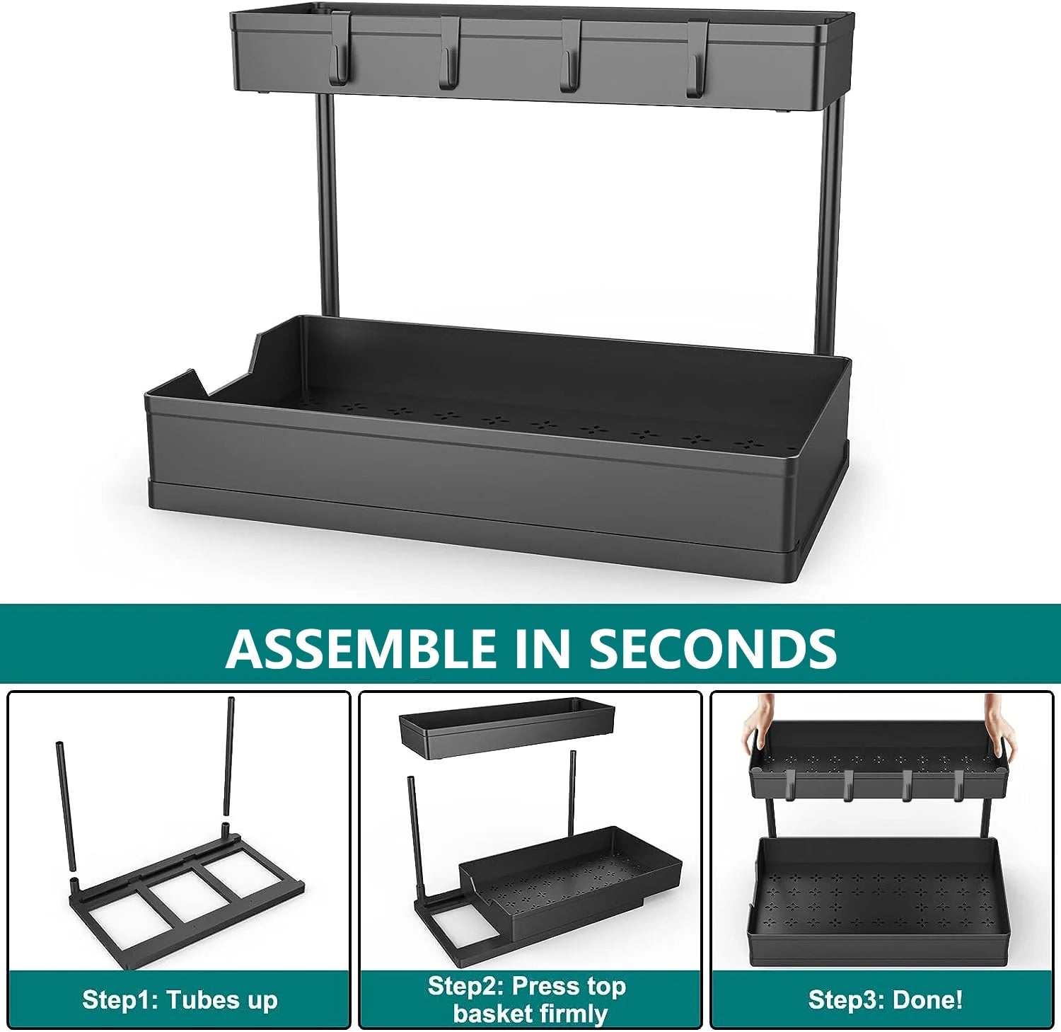 1-Pack under Sink Organizer Storage, 2 Tier L-Shape Multi-Purpose Large Capacity Kitchen under Sink Organizers for Narrow Space Easy Access Sliding Storage Drawer with Hooks for Bathroom