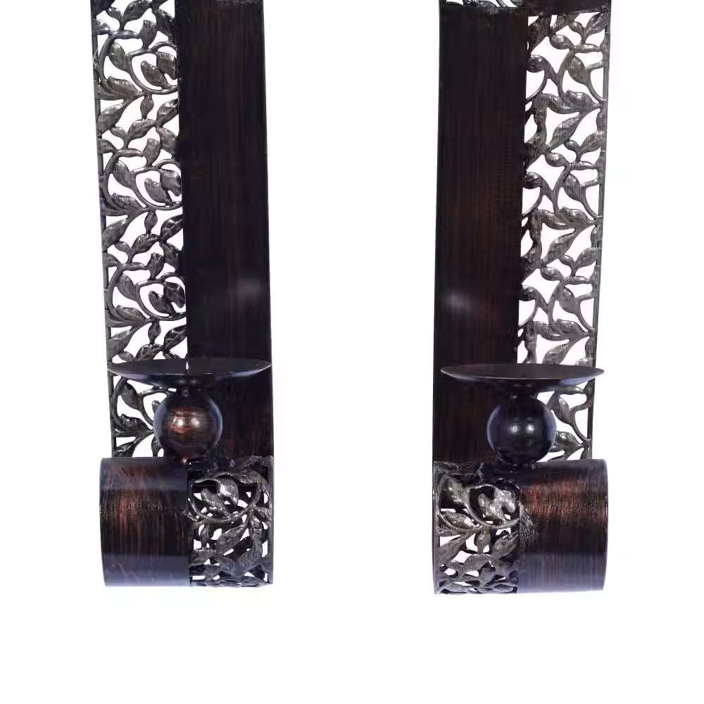 Brown Metal Leaf Wall Sconce with Scroll Designs (2- Pack)