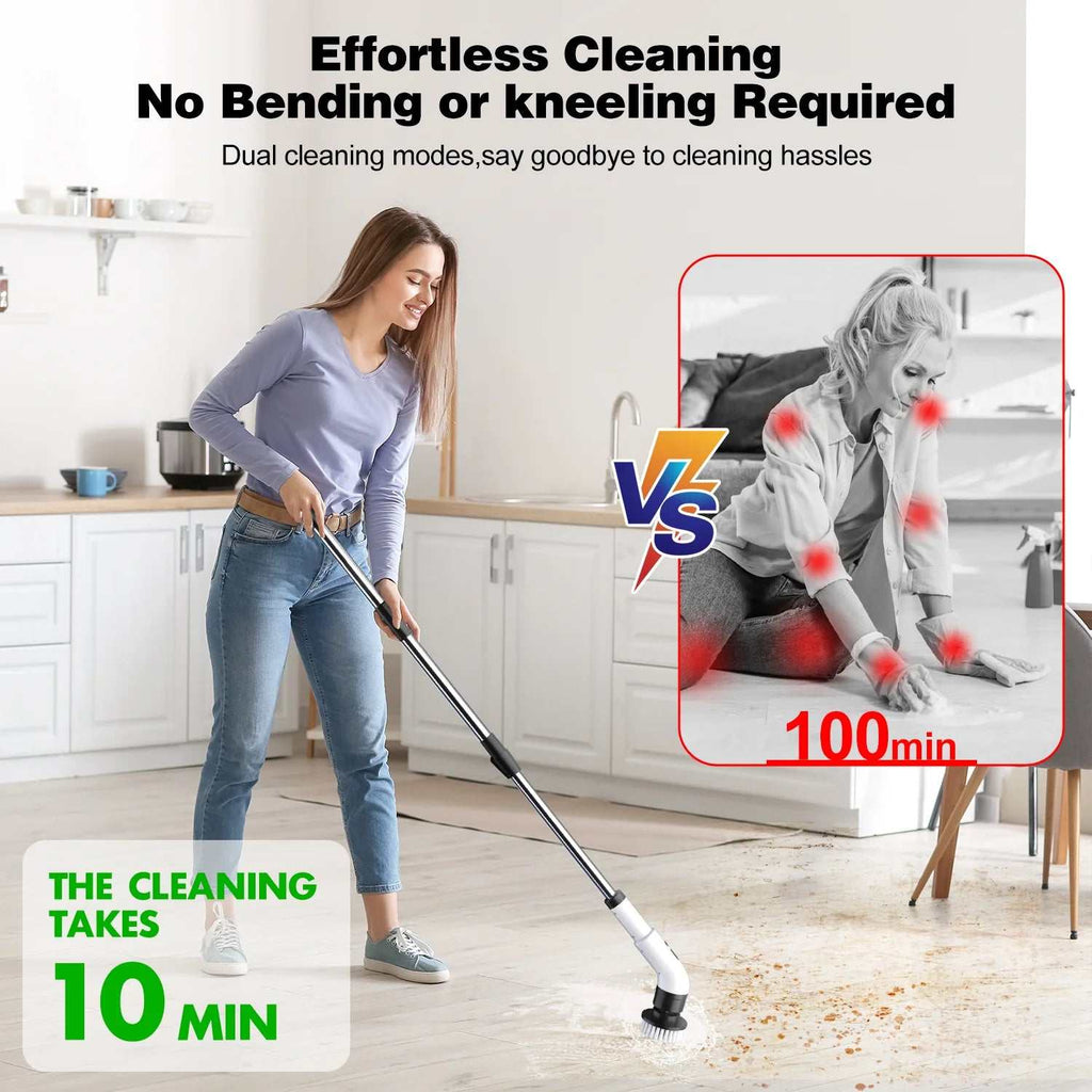 Electric Spin Scrubber cordless with 9 brush heads cleaning bathroom, shower, and tile surfaces