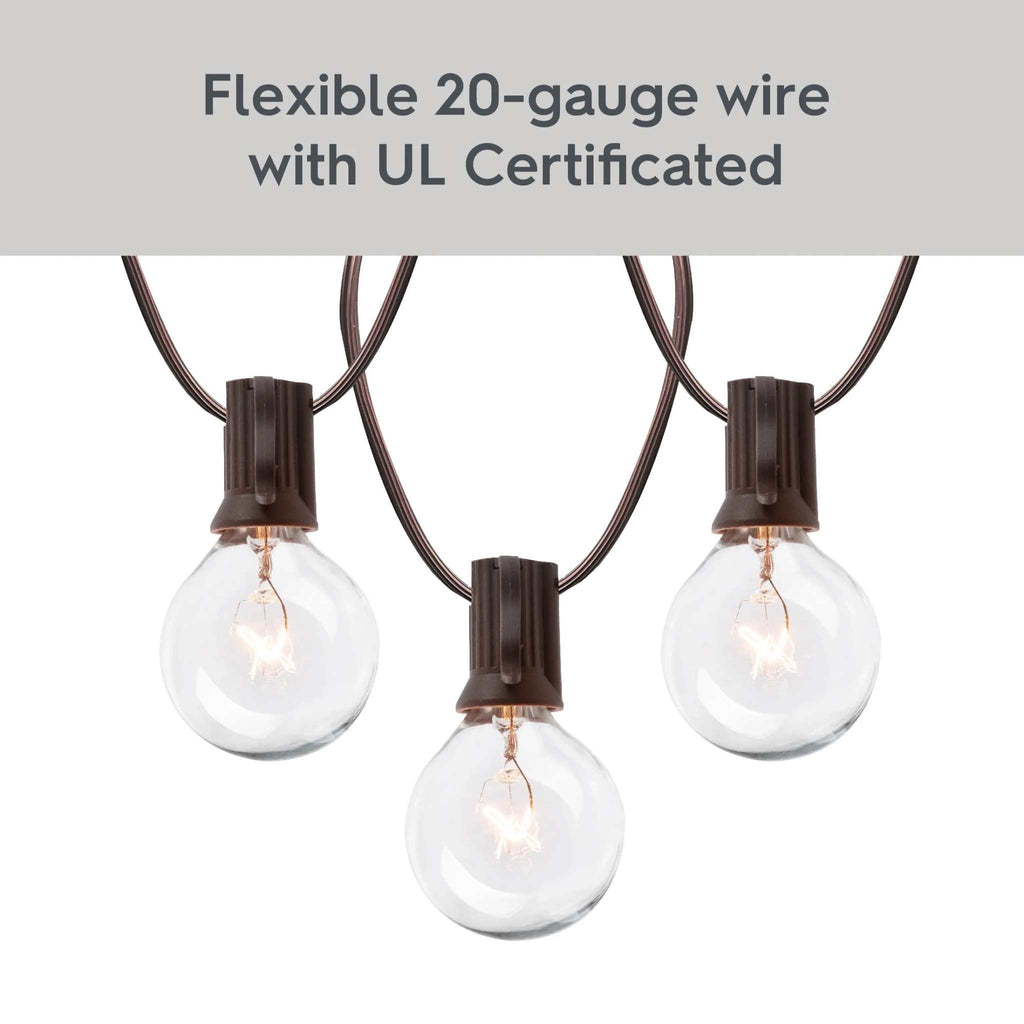 20-count G40 clear glass globe patio string lights with brown wire, 20-foot outdoor and indoor use