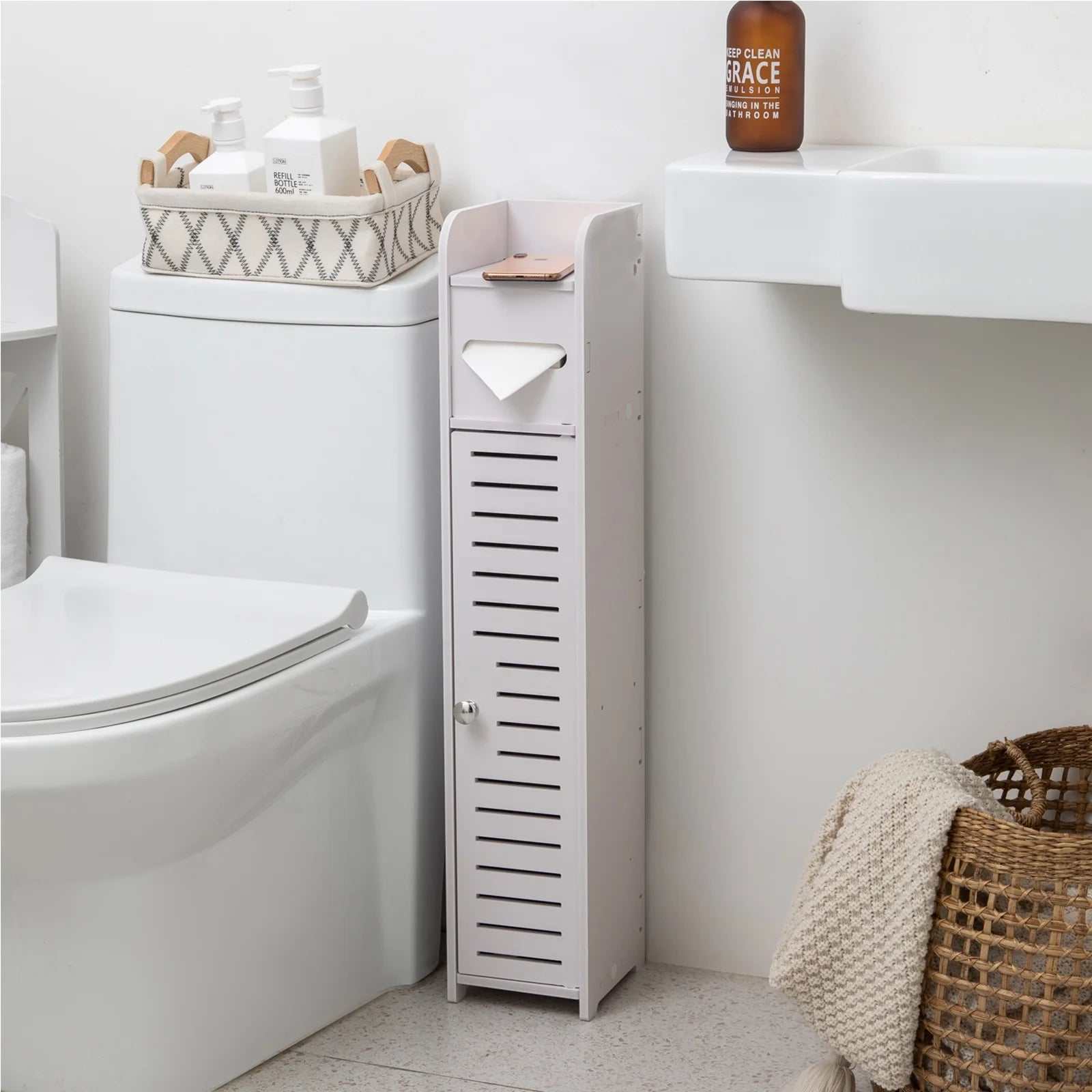 Toilet Paper Holder Stand,Small Bathroom Storage Cabinet for Toilet Paper Storage, Toilet Paper Stand Waterproof for Small Spaces,White by