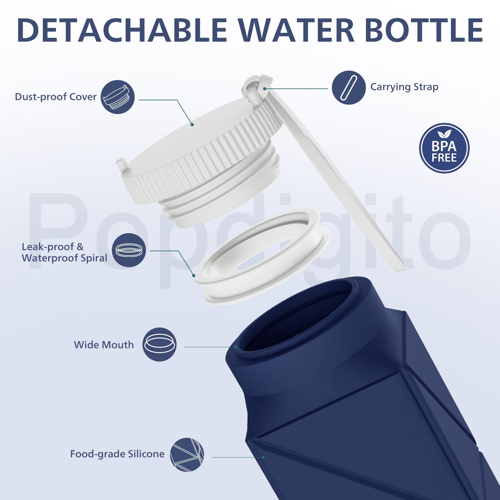610Ml Foldable Water Bottle: Food-Grade Leakproof Lid, Bpa-Free Silicone. for Travel, Gym, School & Outdoors. (Blue)