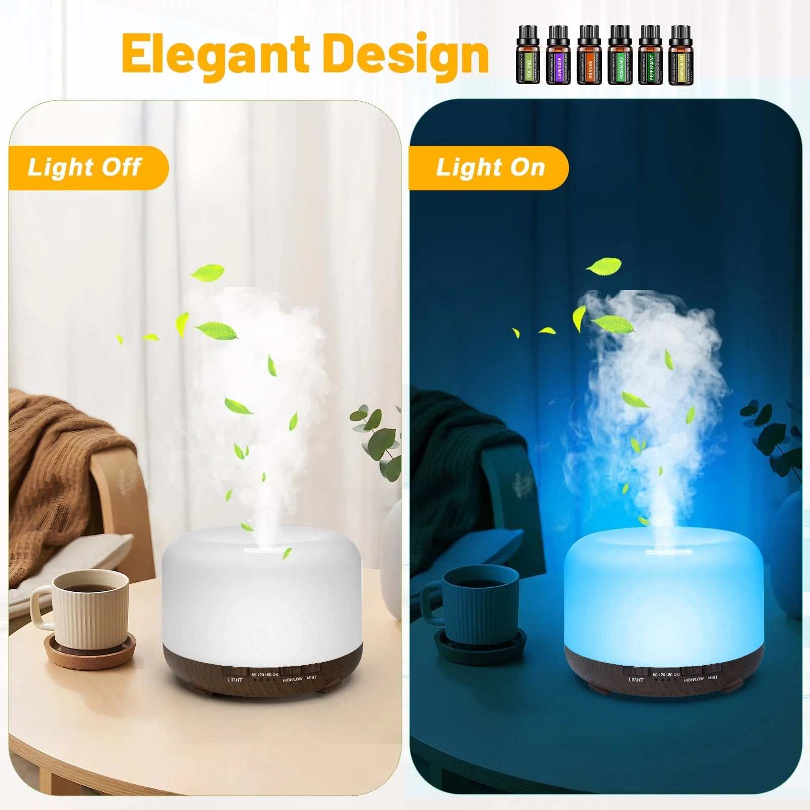 500Ml Essential Oil Diffuser with 6*10Ml Essential Oils Set, Black Woodgrain Aroma Air Humidifier with Remote Control for Bedroom Home Office, Waterless Auto Shut-Off