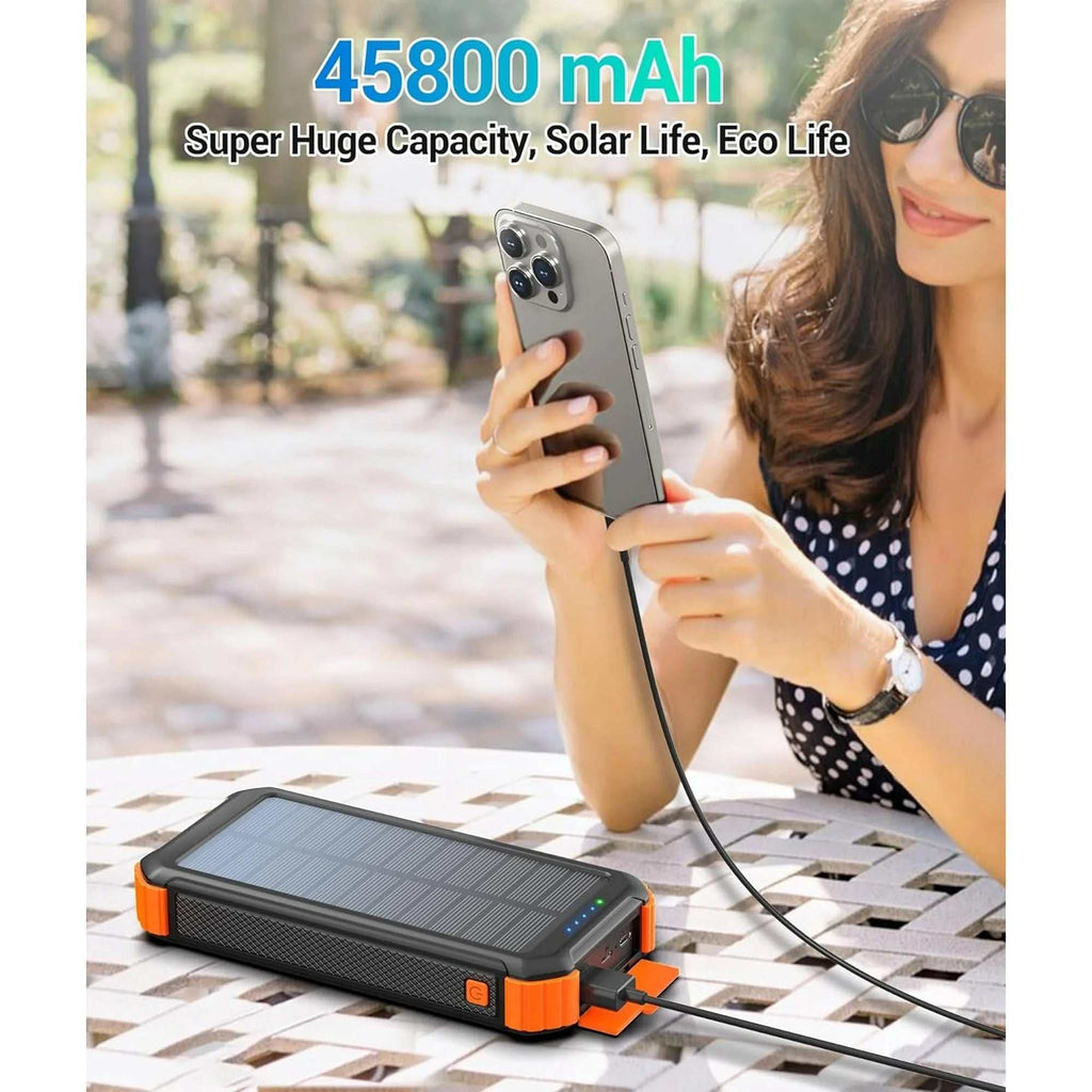 45800mAh solar power bank with built-in cables, multiple ports, fast charging, and LED flashlight for iPhone and Android phones