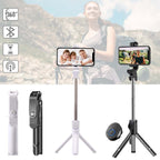 Black and white extendable selfie stick tripod with Bluetooth remote shutter and 360-degree rotation for phone cameras