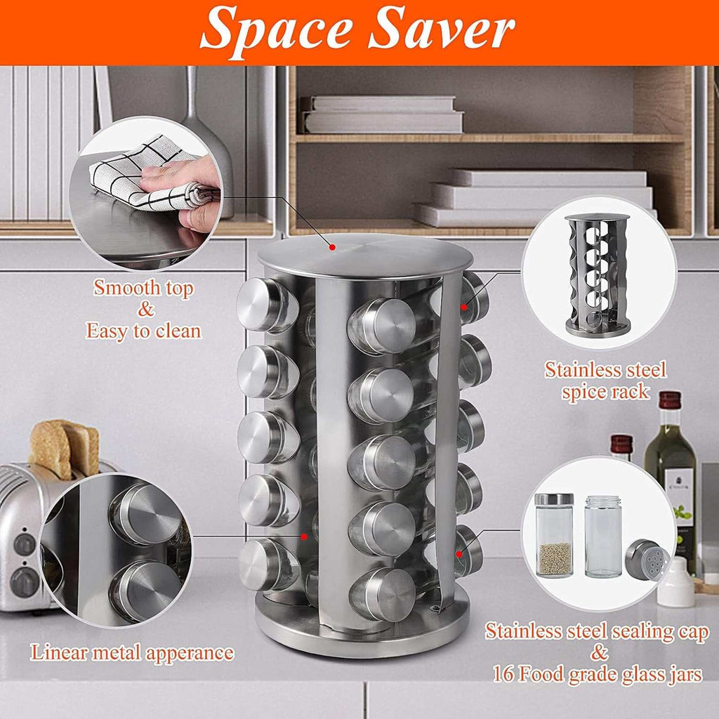 Revolving Spice Rack with 20 Jars, Rotating Spice Rack Organizer, Seasoning Organizer with Labels, Stainless Steel Spice Carousel for Kitchen Countertop, Cabinet