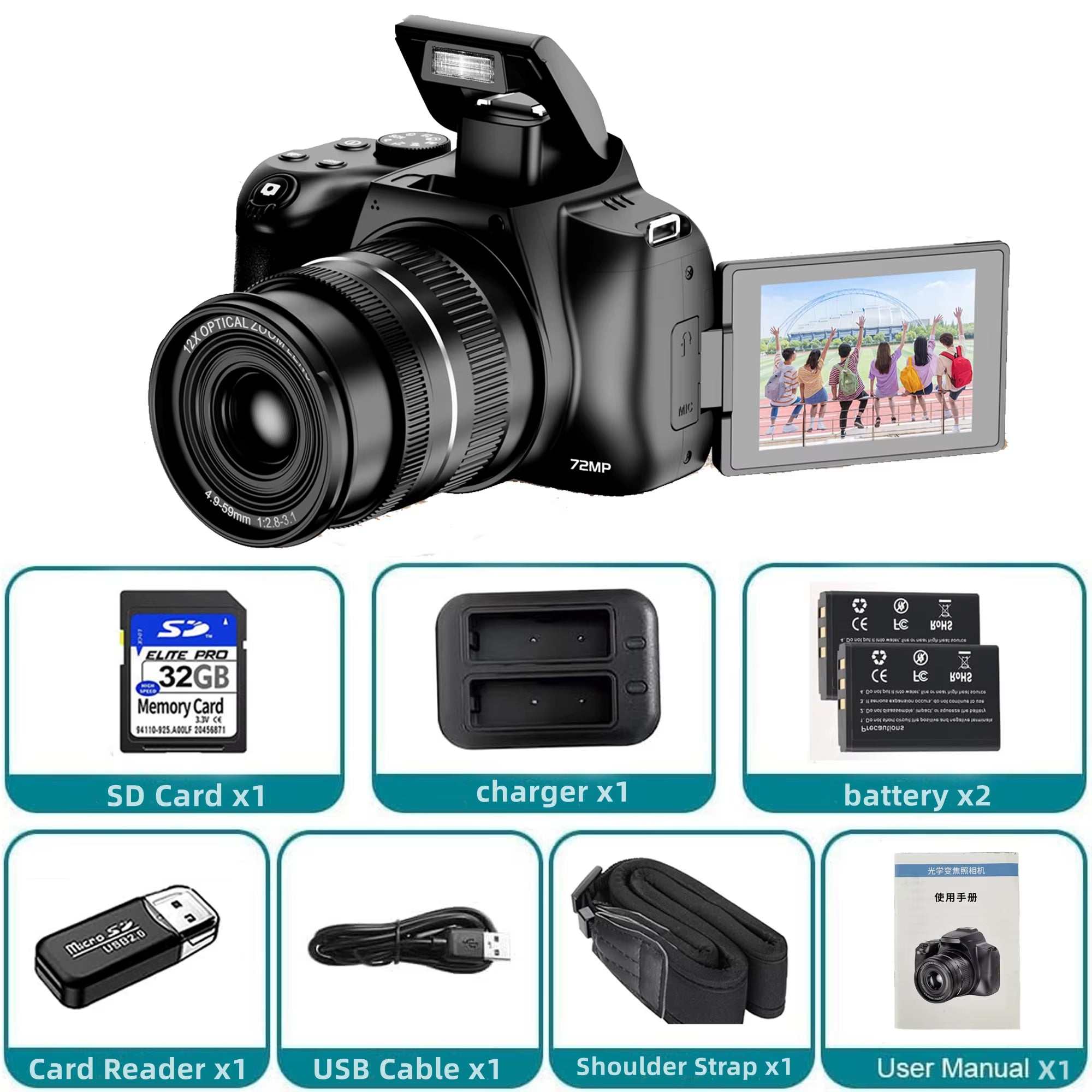 12X Optical Zoom Cameras for Photography Auto Focus 4K 72MP Digital Video Vlog Camera Wifi Livestream Camcorder 270°Flip Screen