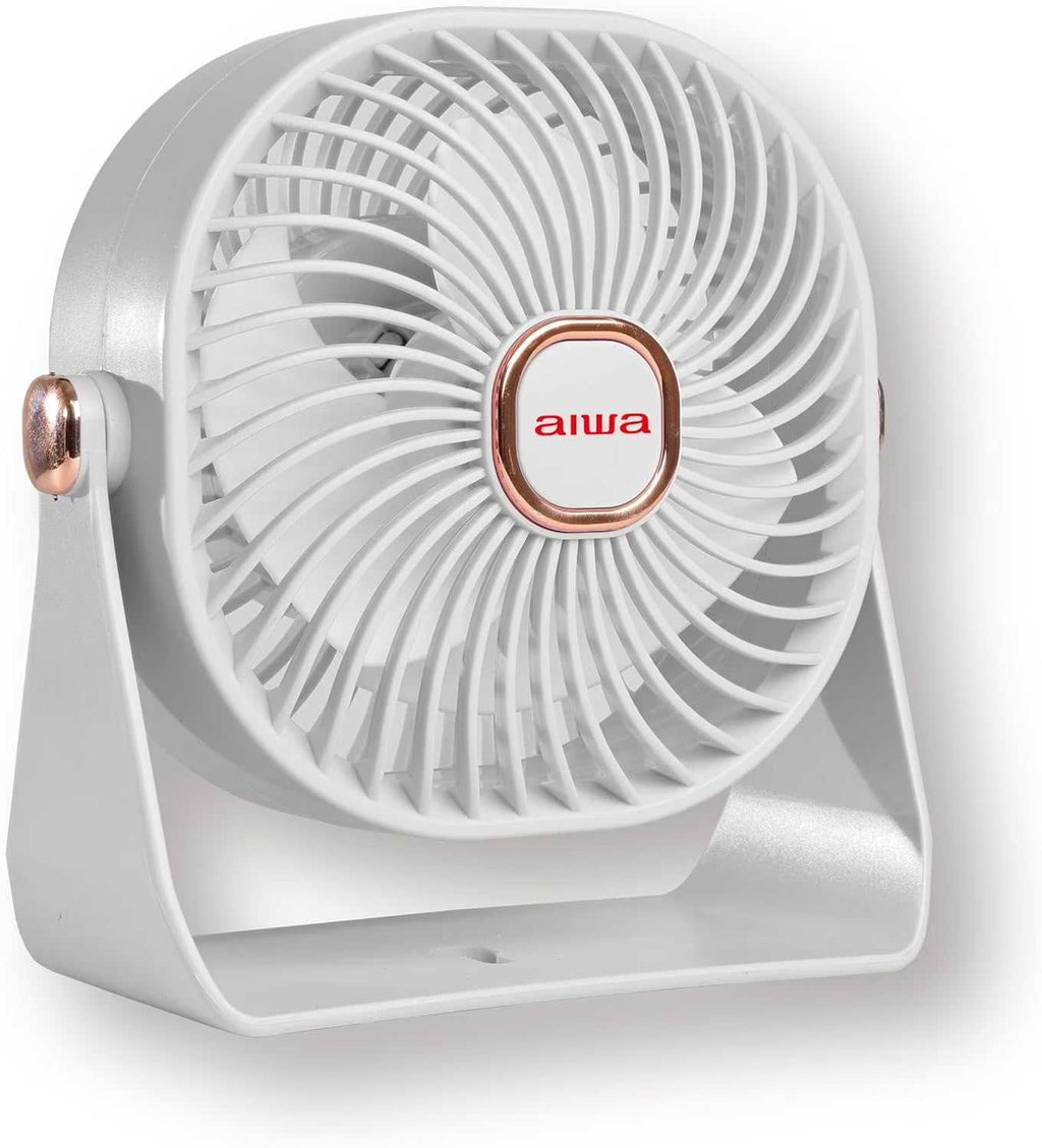 4-inch white USB-C rechargeable desk fan with 3 speeds and 270-degree rotation