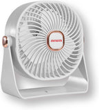 4-inch white USB-C rechargeable desk fan with 3 speeds and 270-degree rotation