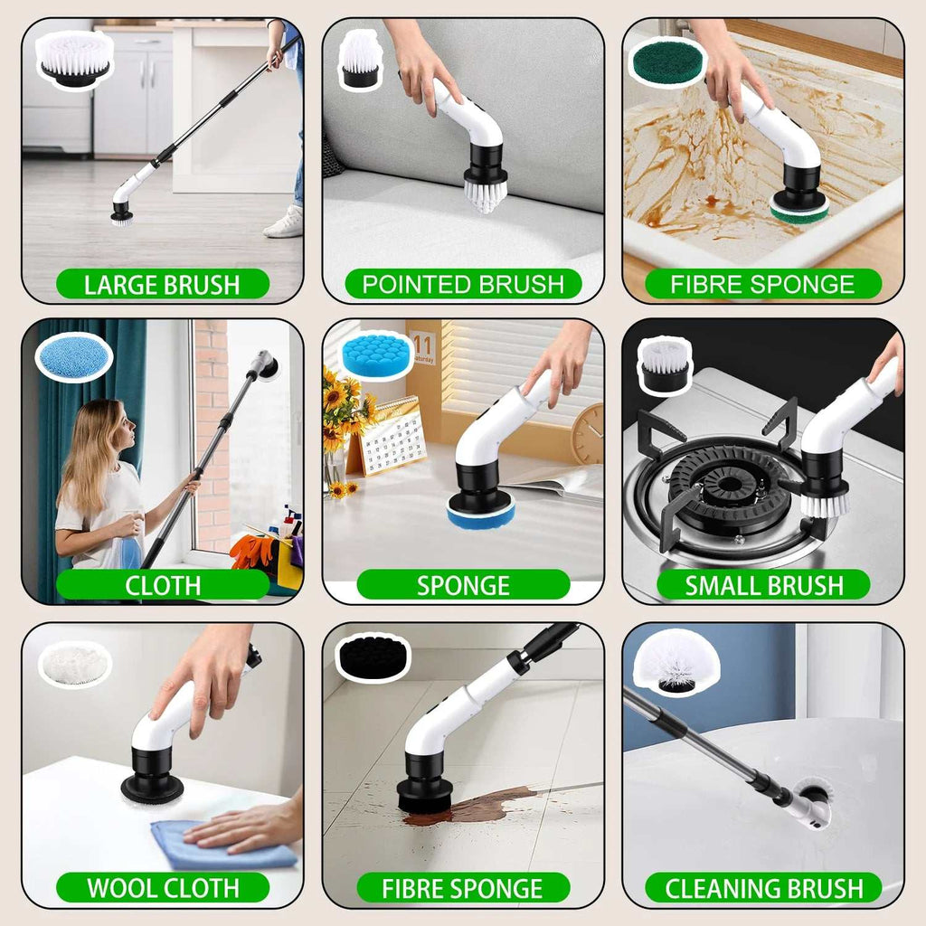 Cordless electric spin scrubber with 9 brush heads for bathroom, tile, and grout cleaning