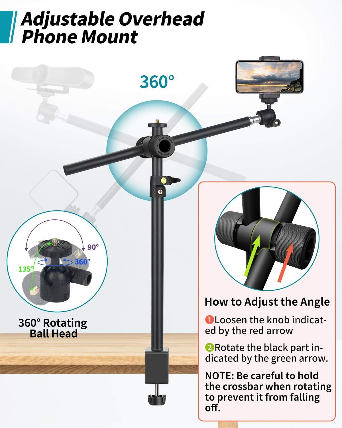 Overhead Camera Mount Desk Stand, Camera Arm Desk Mount Clamp Stand Wi