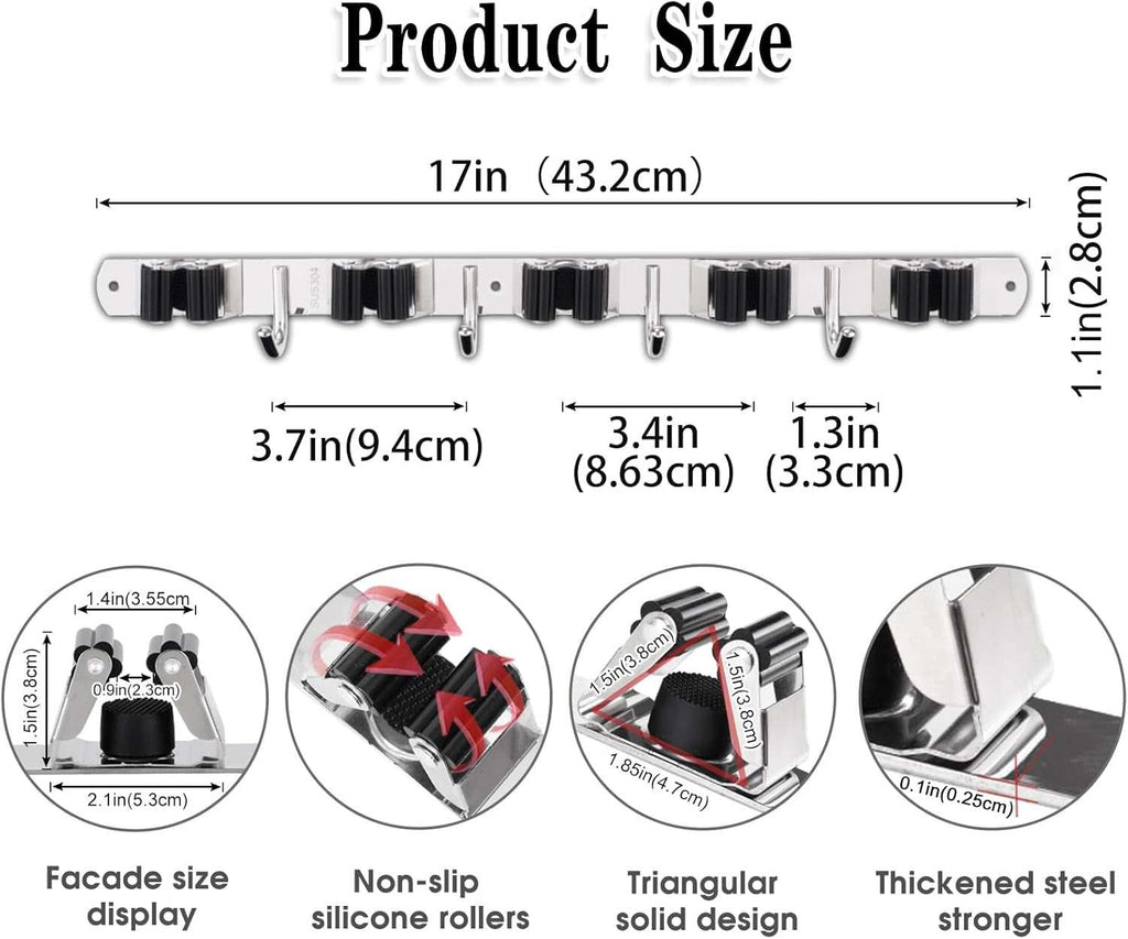 5 Racks and 4 Hooks Mop and Broom Holder Wall Mount, Broom Organizer Storage Tool Racks Stainless Steel Heavy Duty Hooks Self Adhesive Solid Non-Slip for Home Kitchen Garden Laundry Garage