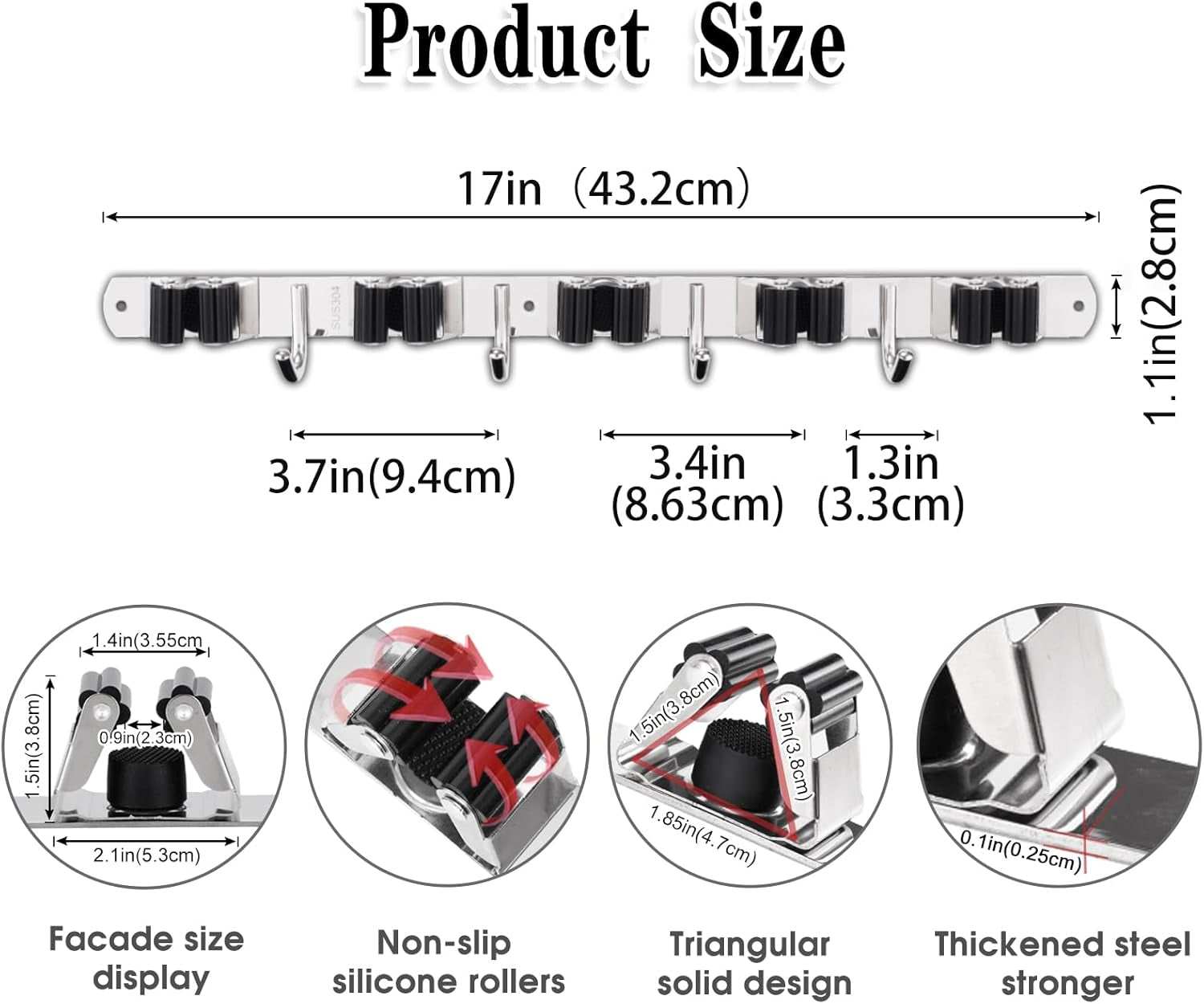 5 Racks and 4 Hooks Mop and Broom Holder Wall Mount, Broom Organizer Storage Tool Racks Stainless Steel Heavy Duty Hooks Self Adhesive Solid Non-Slip for Home Kitchen Garden Laundry Garage