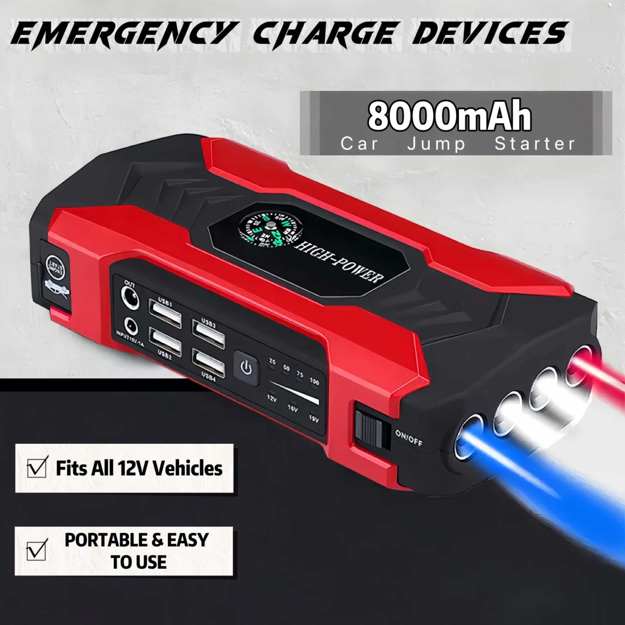 99800Mah Car Jump Starter with LED flashlight, USB ports, safety hammer, compass, and portable power bank for emergency car battery boost and outdoor use