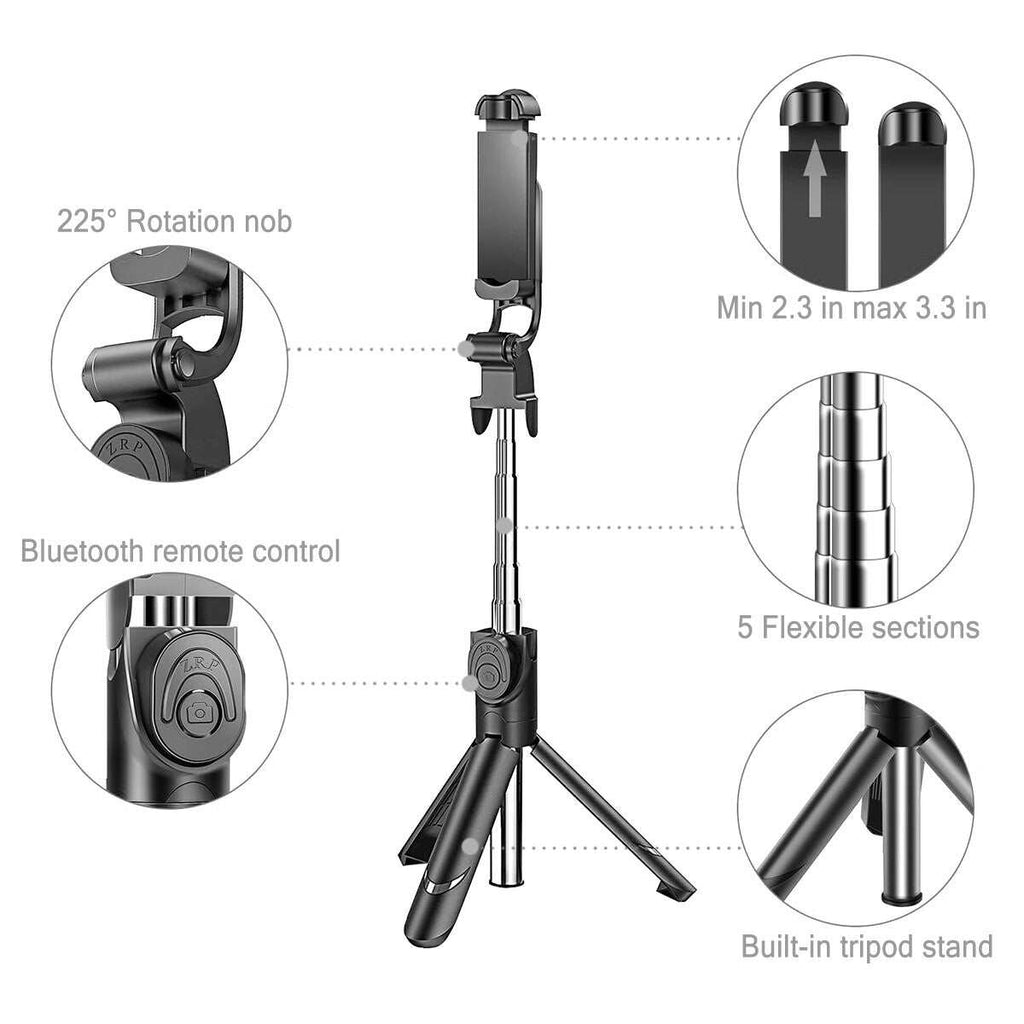 Extendable Bluetooth selfie stick with remote shutter and tripod, 360° rotation for phone photos