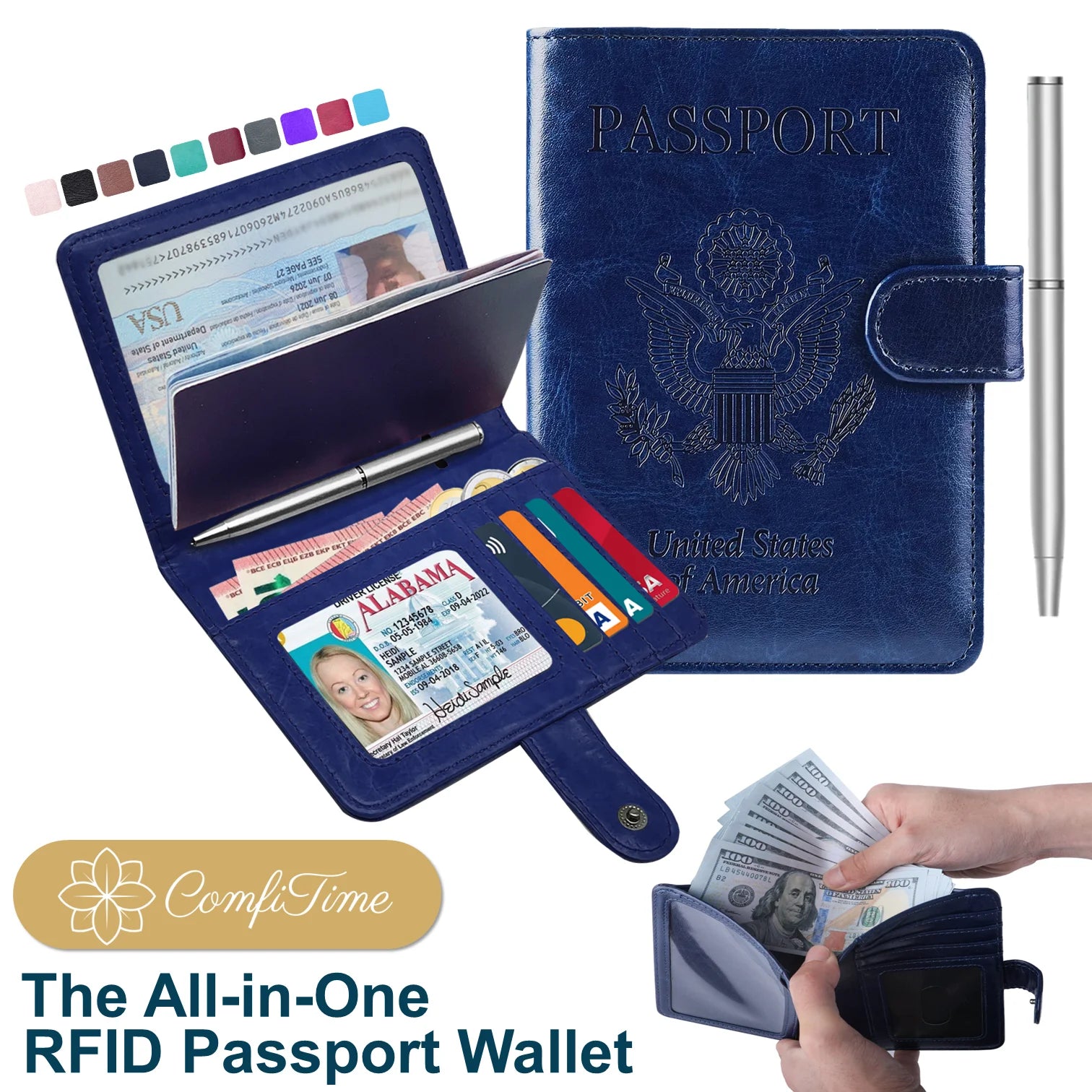 Passport Holder – RFID Blocking Passport Wallet for Cash, Travel Wallet Passport Cover with Vaccine Card Holder for Men/Women, Waterproof PU Leather Passport Case, Navy Blue