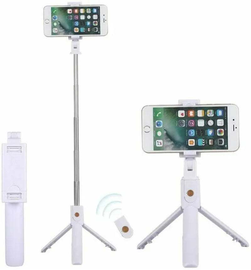 Compact foldable selfie stick tripod with Bluetooth remote and adjustable phone holder for smartphones