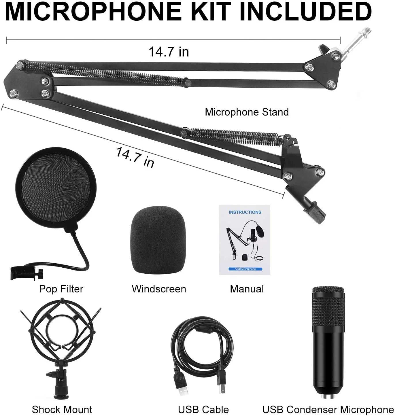 USB Podcast Microphone Kit, Professional 192Khz/24Bit Condenser Mic with Scissor Arm, Shock Mount, Pop Filter for PC Recording, Youtube, Streaming