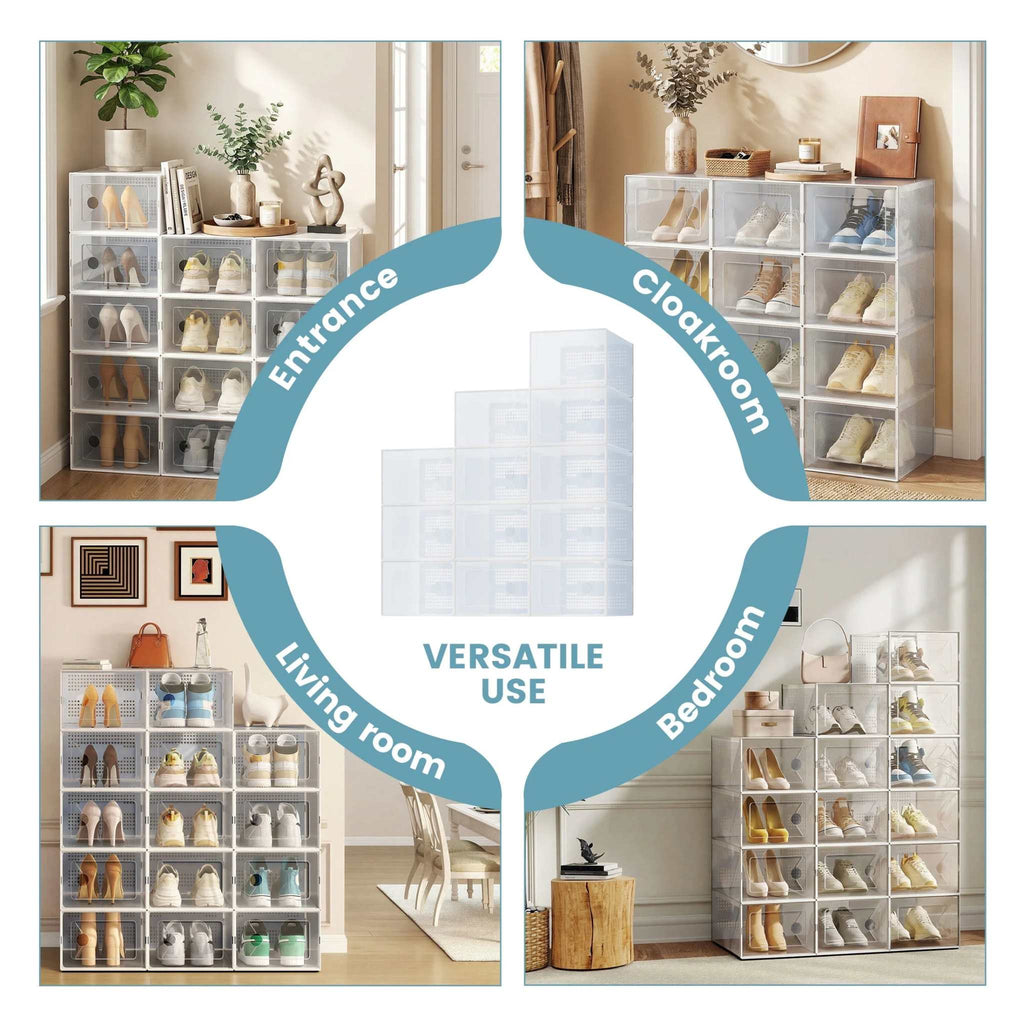 12-Pack Stackable Clear Shoe Box Organizer, Plastic Storage Bins for Closet Hallway & Bedroom, Ventilated & Stackable Shoe Storage Container Set Holds Shoes up to US Size 9, White
