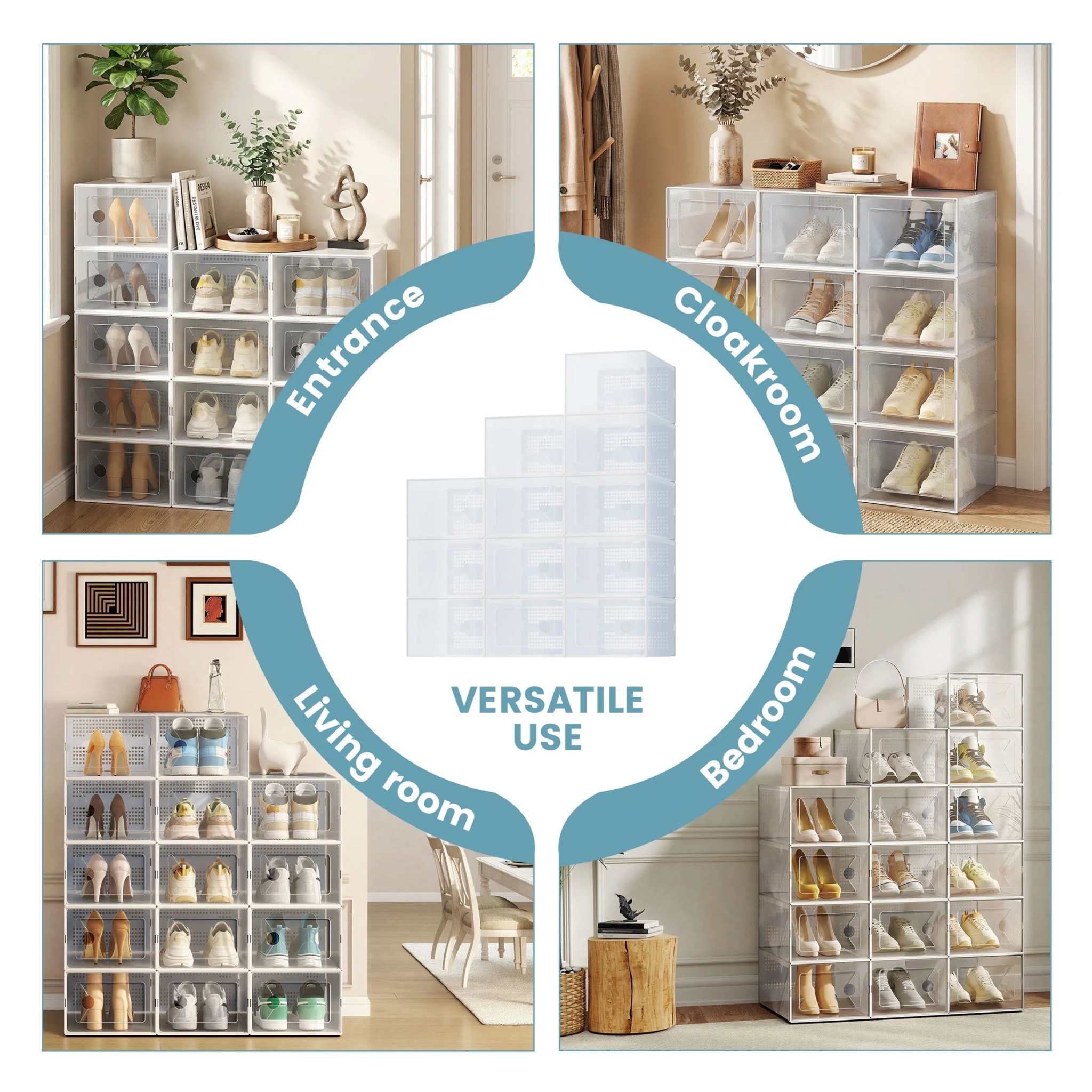 12-Pack Stackable Clear Shoe Box Organizer, Plastic Storage Bins for Closet Hallway & Bedroom, Ventilated & Stackable Shoe Storage Container Set Holds Shoes up to US Size 9, White