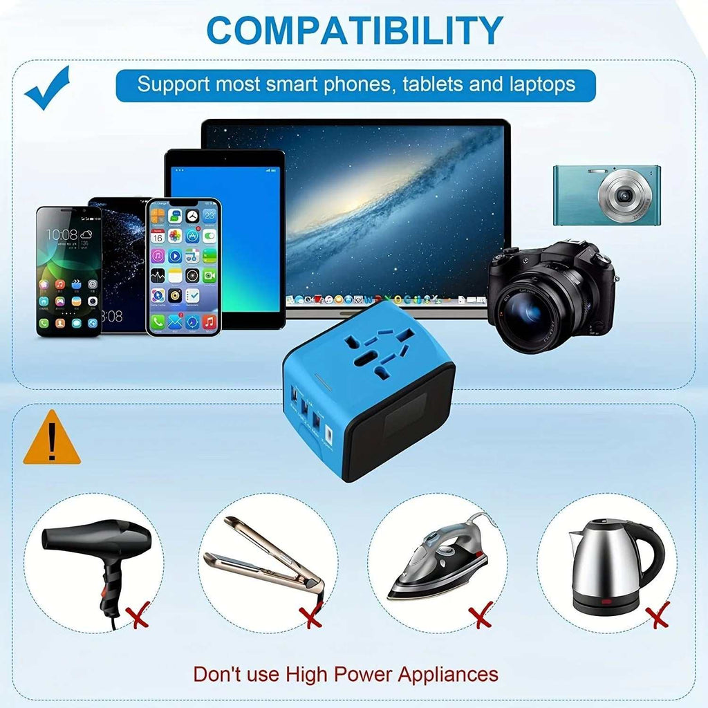 Blue universal travel adapter with Type C port and multiple plugs for Europe, Asia, and Americas
